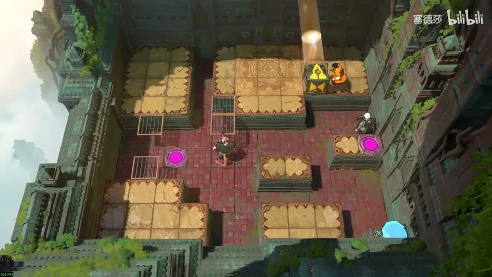 High Beamcasters puzzle 40: a walled green-stone room with sand-coloured raised slabs, two cages, pink pads, a goblin and a blue gem