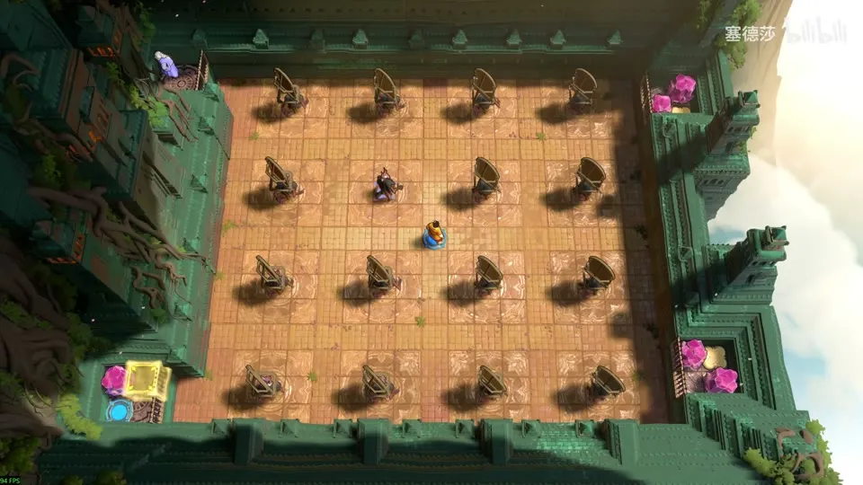 High Beamcasters puzzle 41: a large hall with a grid of standing mirrors, a goblin, the Wizard and pink pads