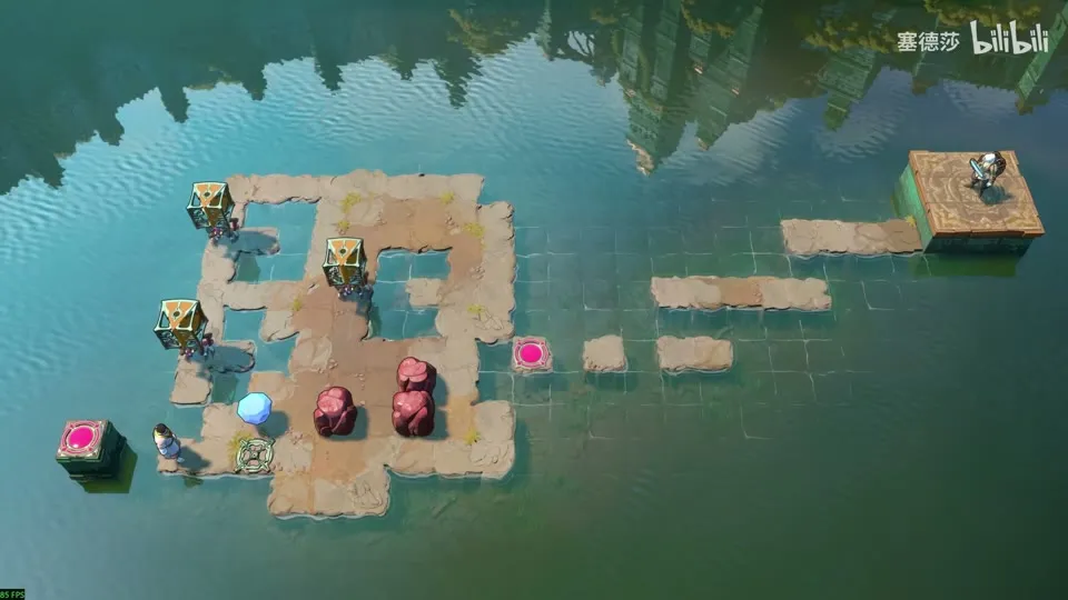High Beamcasters puzzle 42: stone paths over still water, three emitter boxes, red cubes and pink pads