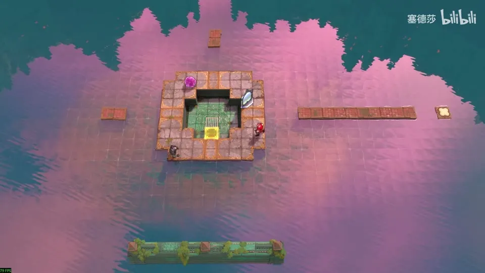 High Beamcasters puzzle 44: a square of stone around a central pit with a mirror, over pink-tinted water, long walkways on both sides