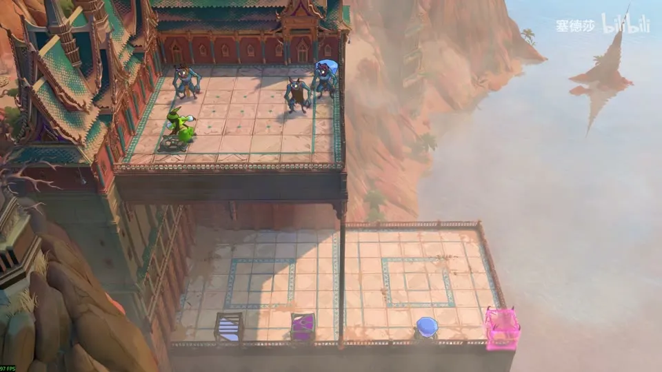 High Beamcasters puzzle 45: a high wooden balcony with three goblins and a green dragon, a pale tiled floor below with purple emitters