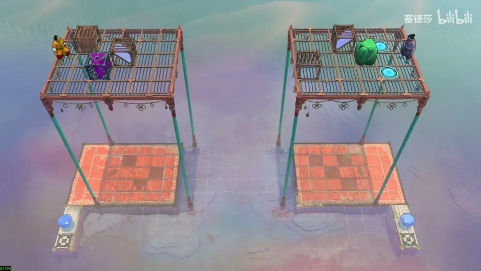 High Beamcasters puzzle 46: two identical raised platforms on thin poles, with mirrors, a green crystal and a hero on each