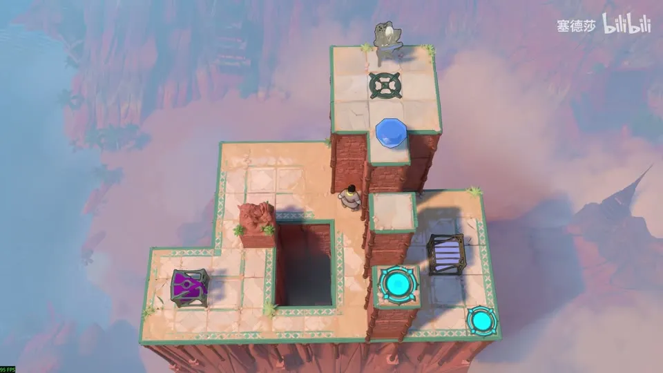 High Beamcasters puzzle 47: a pale stone platform on a pillar with a deep gap, a small statue, mirrors, a blue gem and cyan pads