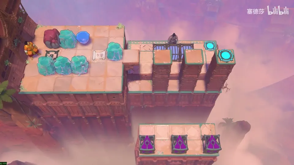 High Beamcasters puzzle 48: a high platform with cyan crystals and a blue gem on the left, a row of stepped pillars and three purple emitters on a lower ledge
