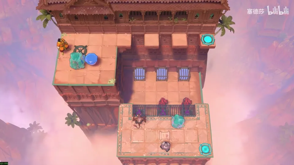 High Beamcasters puzzle 49: a crystal and a gem at the top left, three barred gates, two red monsters behind a railing and a lower floor