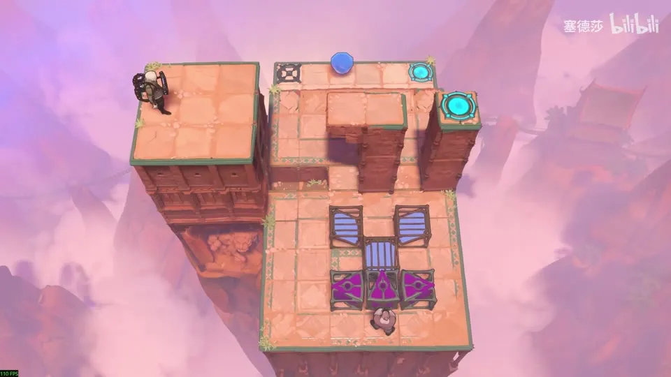 High Beamcasters puzzle 50: a stepped platform over pink cloud with mirrors and three purple emitters in a pit, a hero at the top left and a blue gem