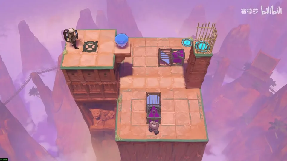 High Beamcasters puzzle 51: a stepped platform with a blue gem and a hero at the top left, a mirror and a purple emitter in the middle and a cage at the top right