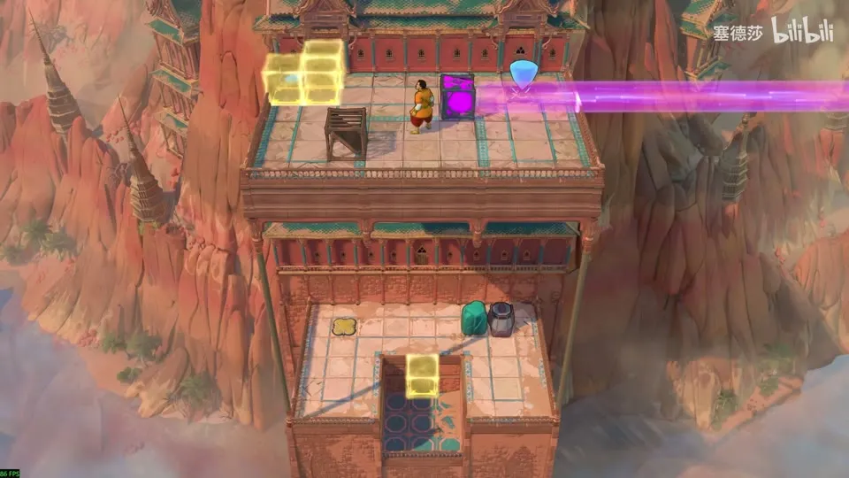 High Beamcasters puzzle 52: a cliffside temple with yellow blocks and a purple beam on the upper floor, a yellow block and a cart on the floor below