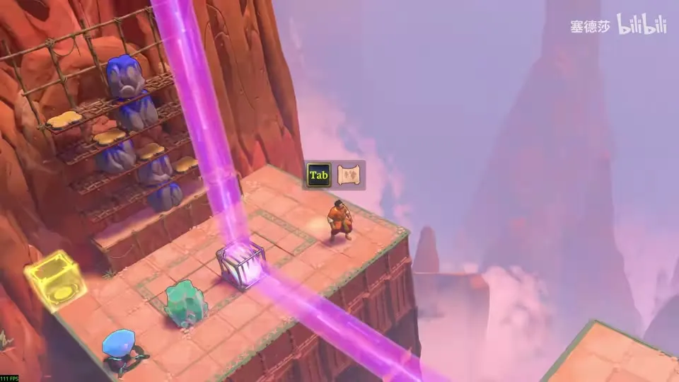 High Beamcasters puzzle 53: a purple beam bent across the floor, stacked stones in a wooden frame, a yellow block, a crystal and a hero