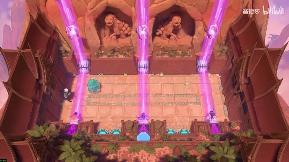 High Beamcasters puzzle 54: three purple beams falling into a court between carved lion statues, heroes standing at the beam ends and a crystal on the floor