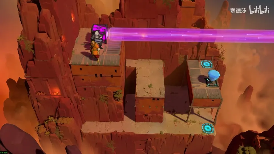 High Beamcasters puzzle 55: a red rock canyon with a purple beam crossing from the upper left, two heroes on a pillar, a gem and cyan pads