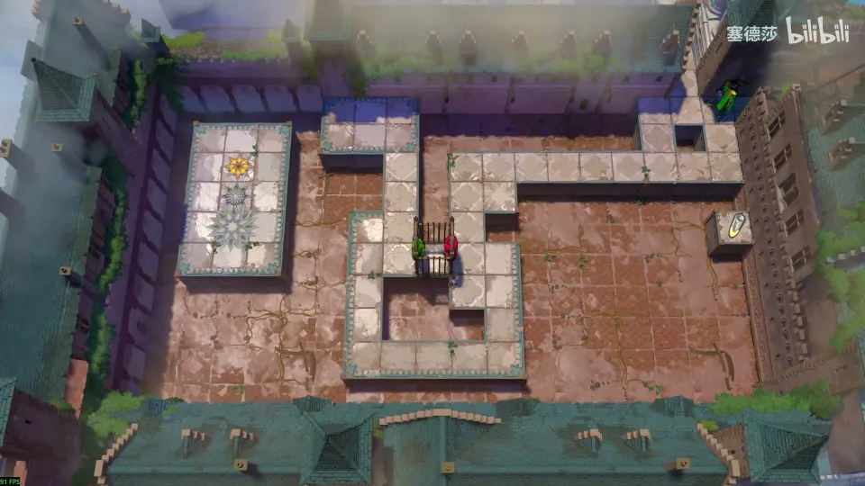 High Heroes overworld: a walled courtyard with a raised stone walkway, a big red stone and a tiled room on the left
