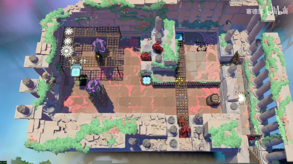 High Heroes overworld: a stone courtyard with fences, a cart track, a plant and dragons guarding the way down