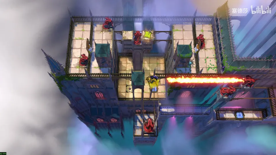 High Heroes Path of Heroes: tower tops linked by bridges with dragons and fire lines