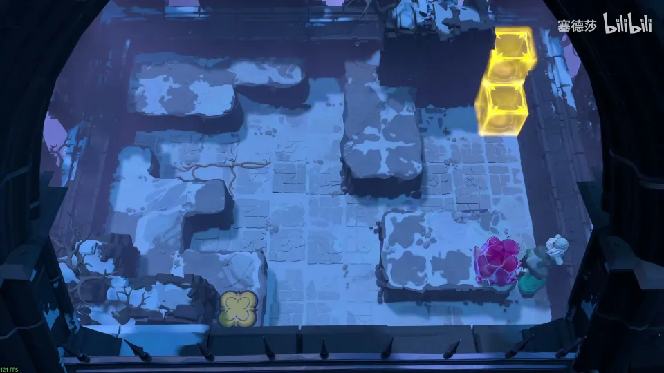 High Heroes puzzle 1: a dark blue night room of raised stone blocks, two heroes, a stone and a stack of yellow blocks at the top right