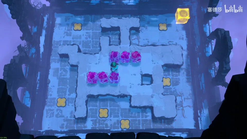 High Heroes puzzle 2: a large blue room with six magenta stones in the middle and yellow buttons spread around the edges