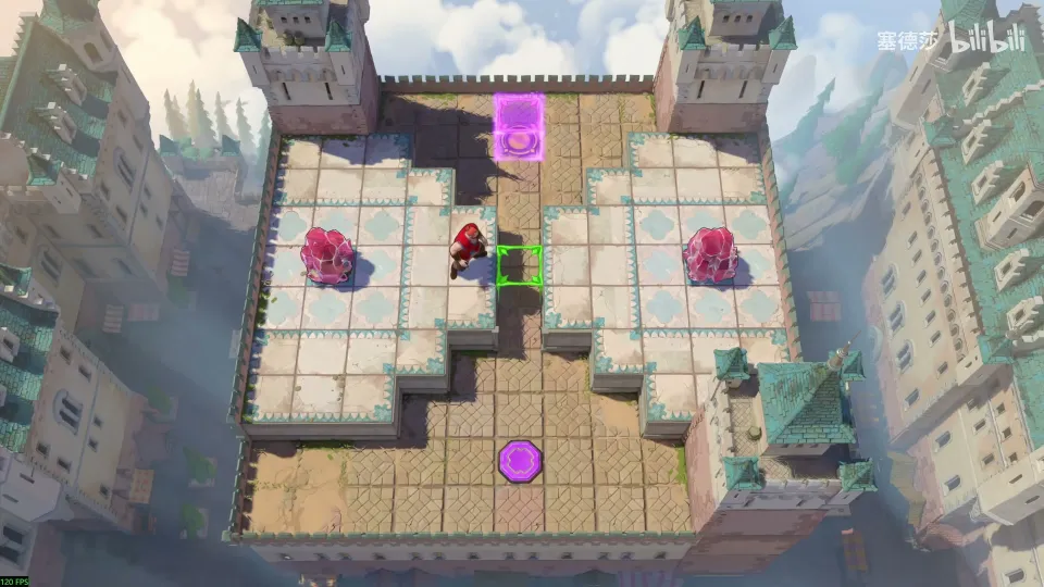 High Heroes puzzle 3: a sunlit square terrace with two pink crystals, a green button and a magenta block at the top, the red Warrior in the middle