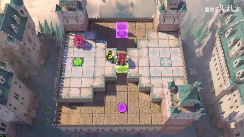 High Heroes puzzle 4: the same sunlit terrace with the green Thief beside two pink crystals and a green button