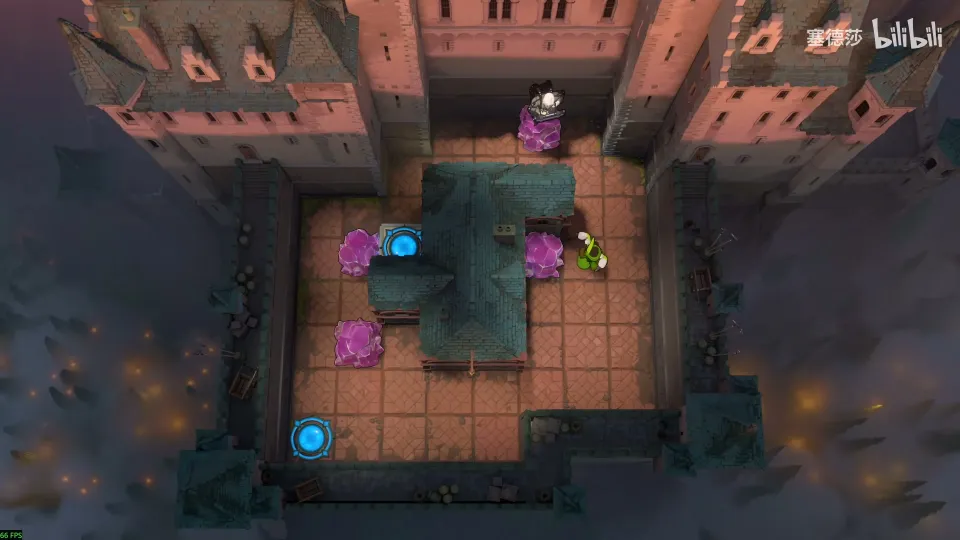 High Heroes puzzle 5: a walled red-brick courtyard with a dark raised platform, pink crystals and a blue exit pad at the bottom left