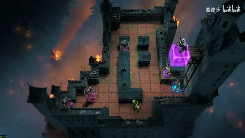 High Heroes puzzle 6: a dark castle rampart with stairs, a glowing magenta energy block at the top right with a goblin on it and a blue exit pad