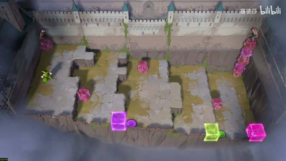 High Heroes puzzle 7: a long grey stone floor with stacked pink crystal towers, a goblin on a tall tower at the right and coloured blocks along the bottom