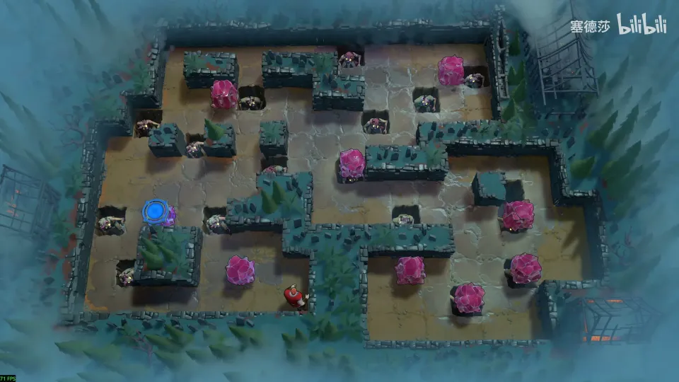 High Heroes puzzle 8: a green-and-teal maze with goblins in pits, pink crystals and a blue exit crystal on the left