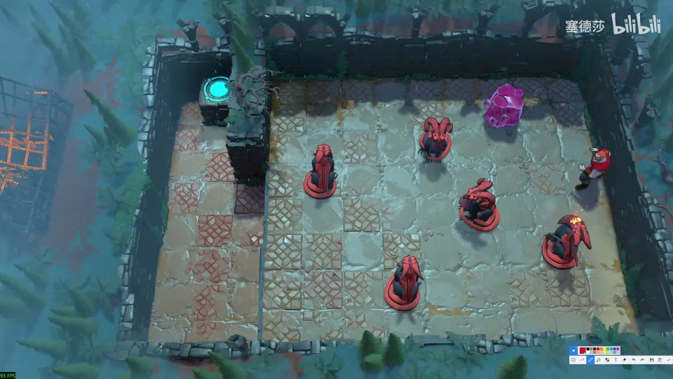 High Heroes puzzle 9: a teal stone floor with five red dragons, a pink crystal and a raised exit on the left