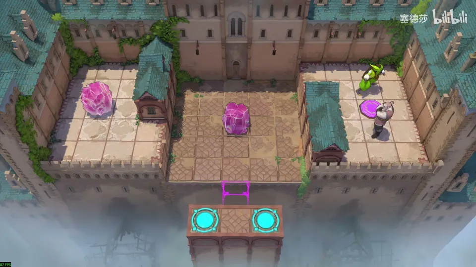 High Heroes puzzle 10: a warm brick room with a pink crystal on the left platform, two heroes on the right and cyan exit pads below