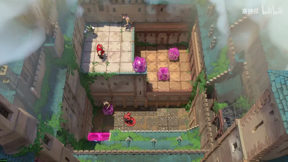 High Heroes puzzle 11: a sunken courtyard below a tiled upper deck, with crystals, a goblin, a dragon and a magenta exit block