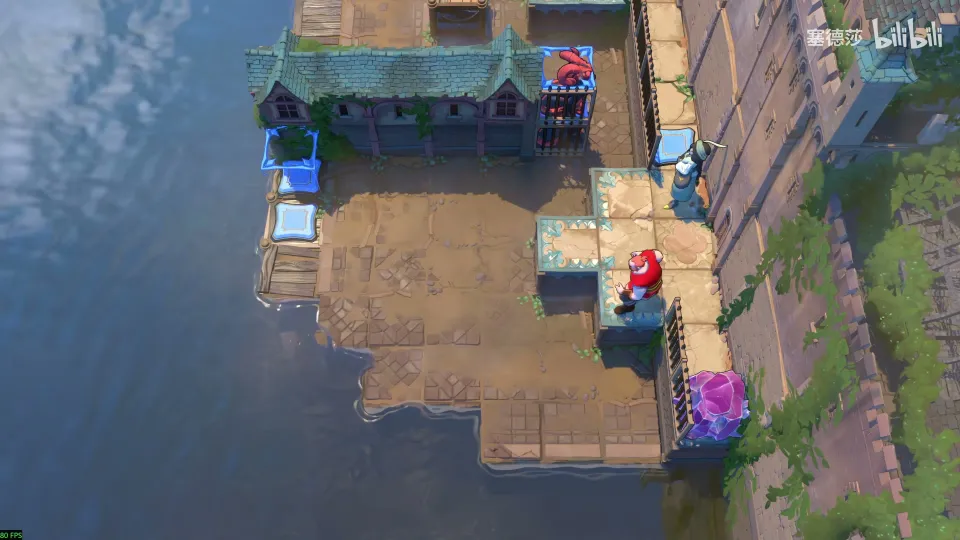 High Heroes puzzle 12: a wooden harbour deck over water with the Warrior, a pink crystal and blue button frames