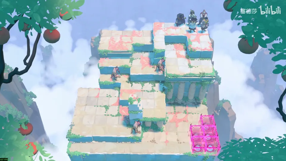 High Heroes puzzle 13: stepped white terraces in the sky with a group of heroes at the top and a magenta exit at the bottom right