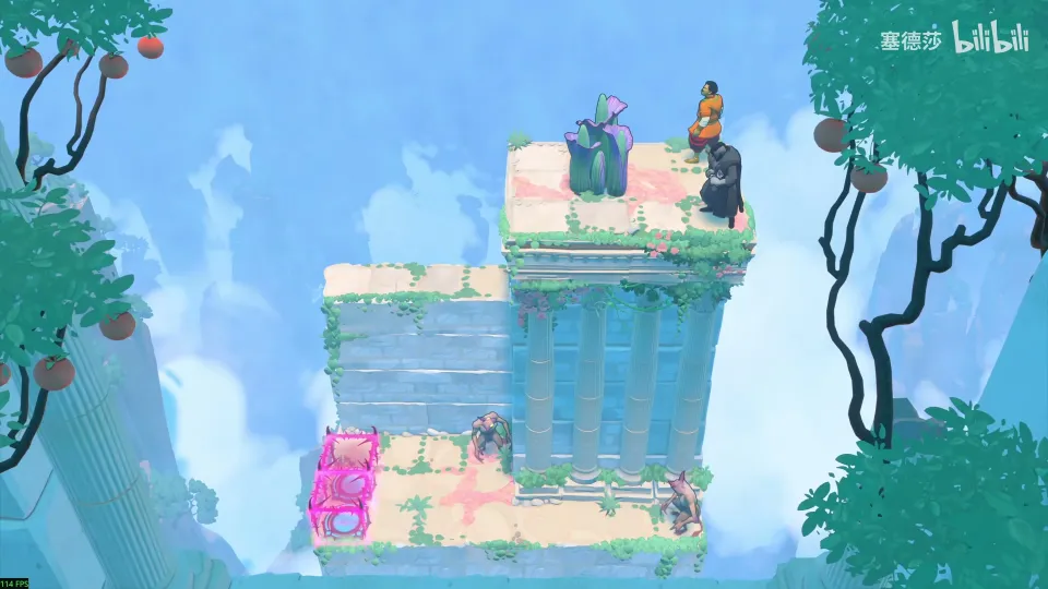 High Heroes puzzle 14: a tall pillar with heroes on top, a small platform above, and two monsters on the ground