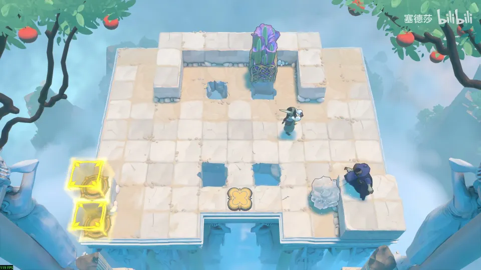 High Heroes puzzle 15: a white tiled floor with holes, a tall plant at the top, yellow blocks on the left and an orange button