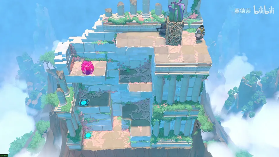 High Heroes puzzle 16: a tall blue cliff of terraces with a pink crystal on a ledge and heroes at the top