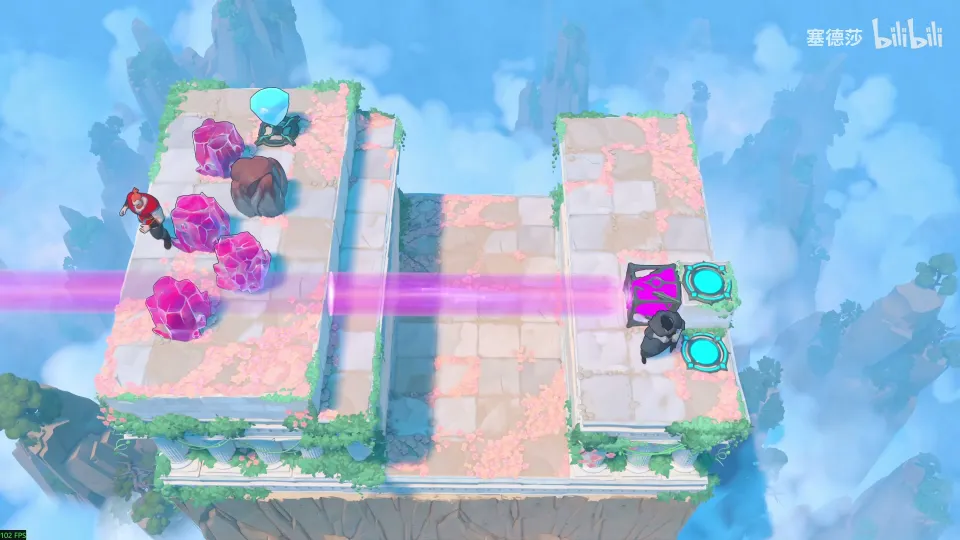 High Heroes puzzle 17: a sky platform with pink crystals on the left, a purple beam across the middle and a raised exit on the right