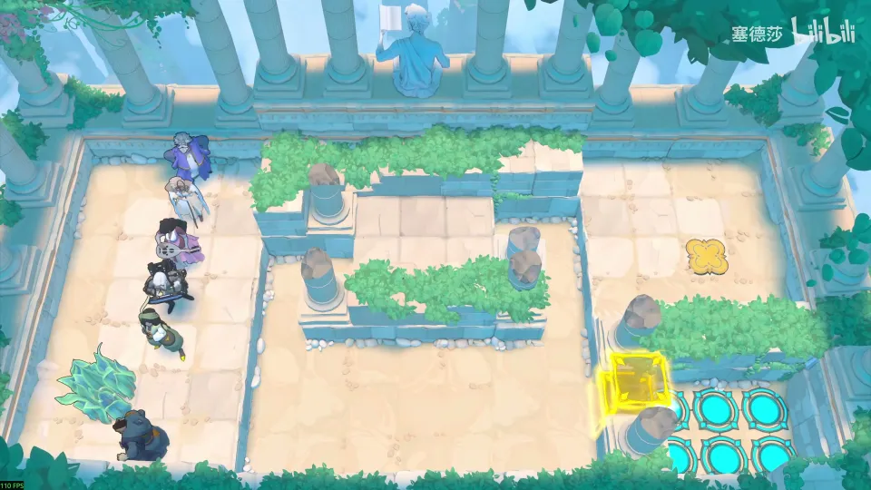 High Heroes puzzle 18: a sandy terrace with green hedges, a line of heroes on the left, a yellow block and cyan pads at the bottom right