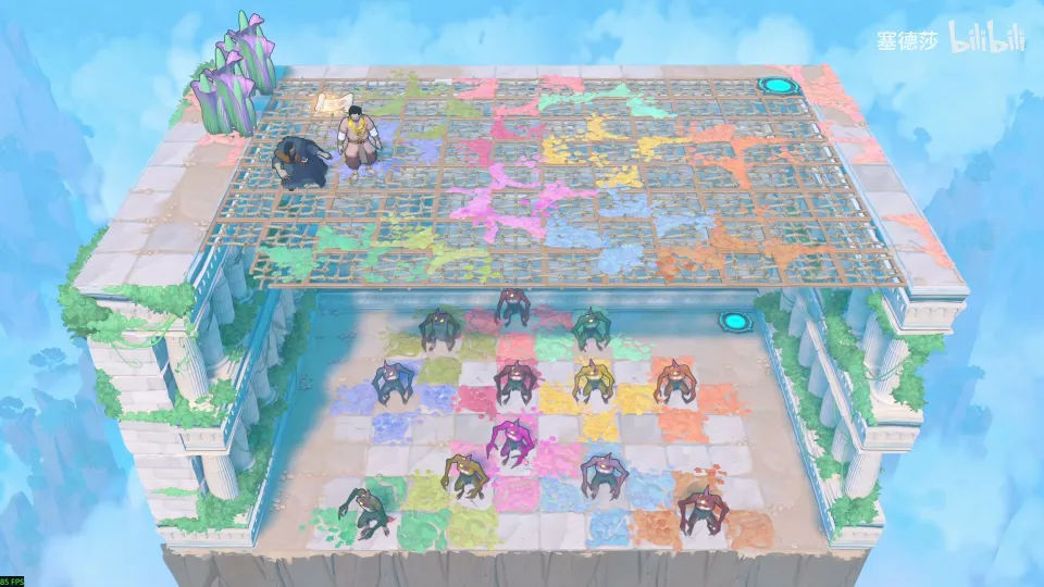 High Heroes puzzle 19: a grid floor with colourful goblins in squares under a raised walkway