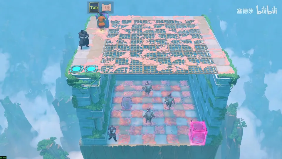 High Heroes puzzle 20: a raised grid deck over a lower floor with goblins and a pink exit block
