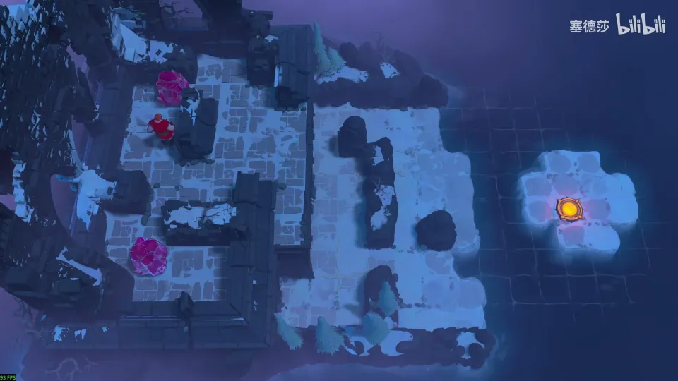 High Heroes puzzle 21: a dark blue icy island with two red stones and a glowing exit on the right