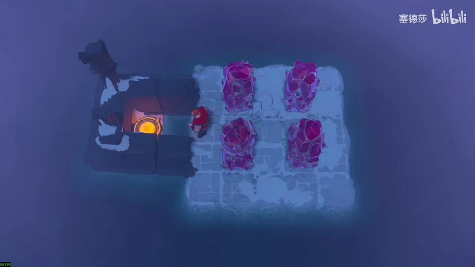 High Heroes puzzle 22: a small icy island with a stack of four magenta stones and the hero beside them