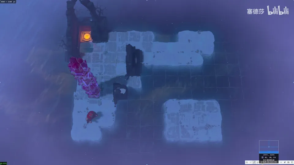 High Heroes puzzle 23: an icy room with a tall stack of magenta stones and a small separate island at the bottom right