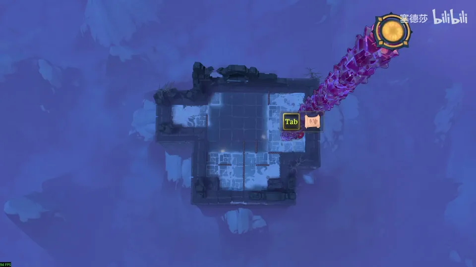 High Heroes puzzle 24: a stony island in a dark sea with a long diagonal tower of magenta stones