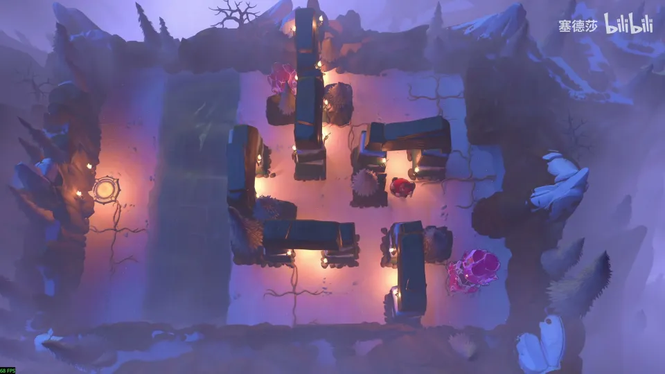 High Heroes puzzle 25: a dim purple room of dark pillars and arches with pink stones and a glowing exit at the left