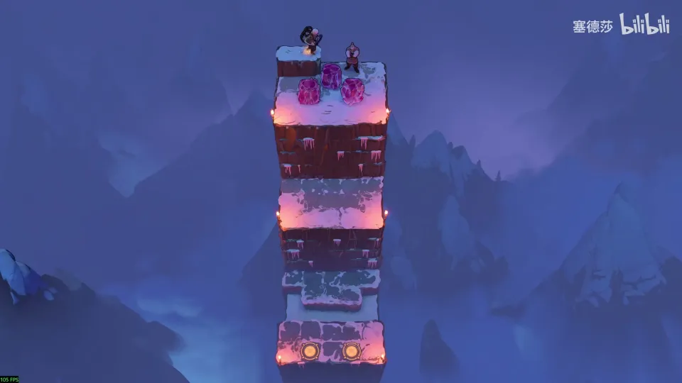 High Heroes puzzle 26: a tall narrow tower of red floors seen from above against a blue mountain night