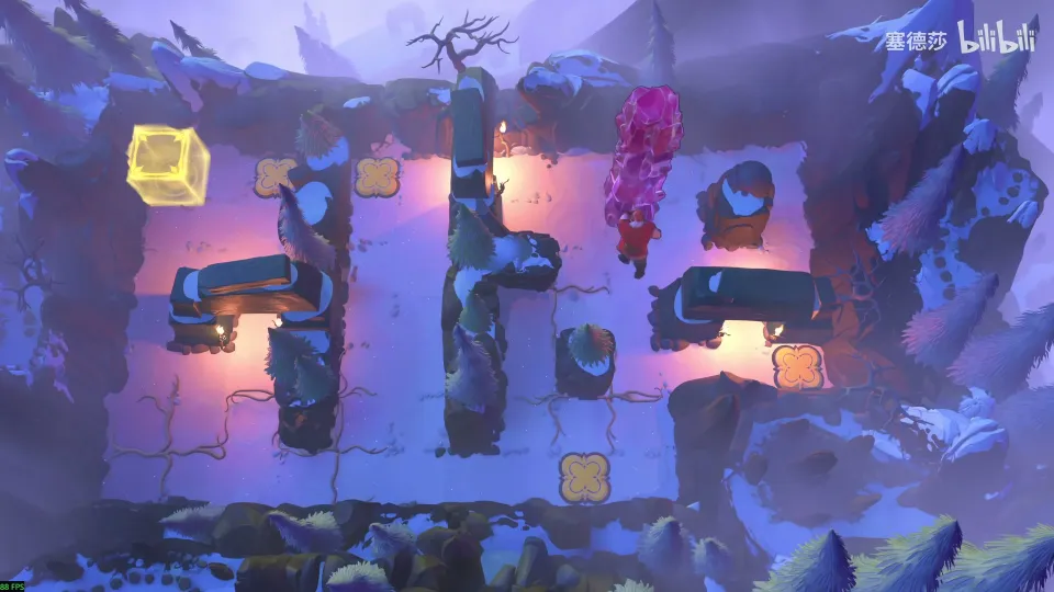High Heroes puzzle 27: a purple room with dark pillars, a yellow block at the top left, pink stones and orange buttons