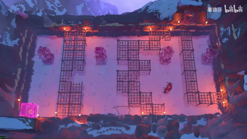 High Heroes puzzle 28: a long red-lit room with metal grates, pink crystals, goblins and a magenta block at the bottom left