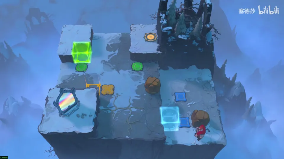 High Heroes puzzle 29: a snowy platform with a mirror, a green energy block, a blue energy block and two stones