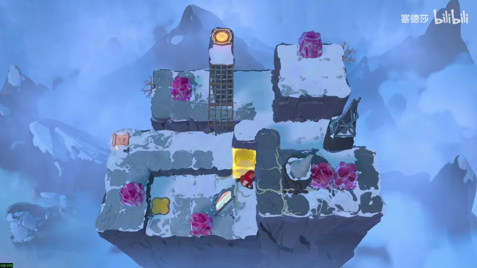 High Heroes puzzle 30: a snowy multi-level island with a mirror, a yellow elevator and pink crystals