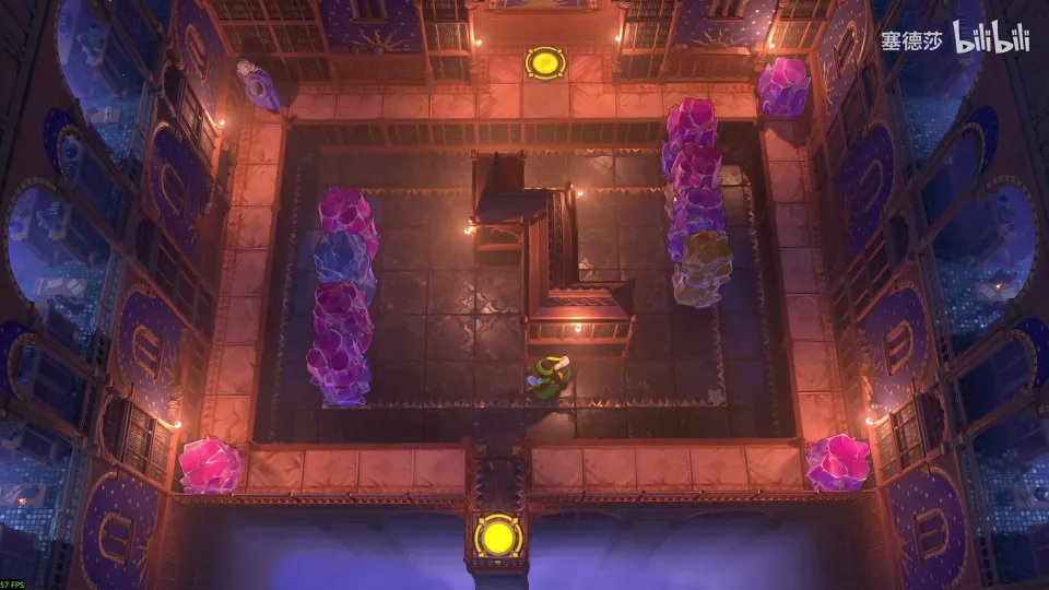 High Heroes puzzle 31: a dim orange hall with a square walkway, pink crystal towers and yellow pads at the top and bottom