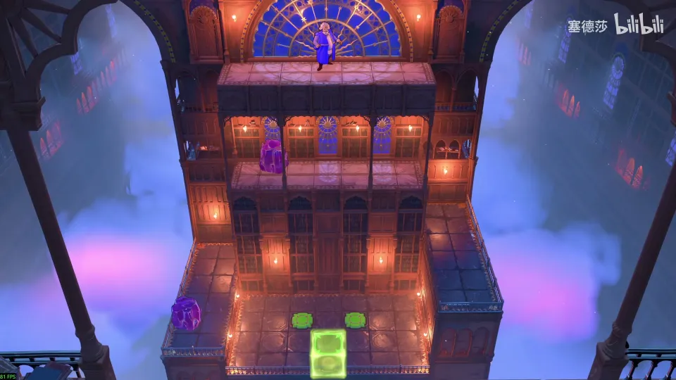 High Heroes puzzle 32: a tall red cathedral wall with balconies, purple crystals on ledges and a green block at the bottom
